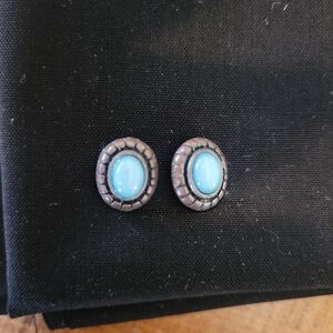Light Blue Bronze Tone Oval Pierced Earrings